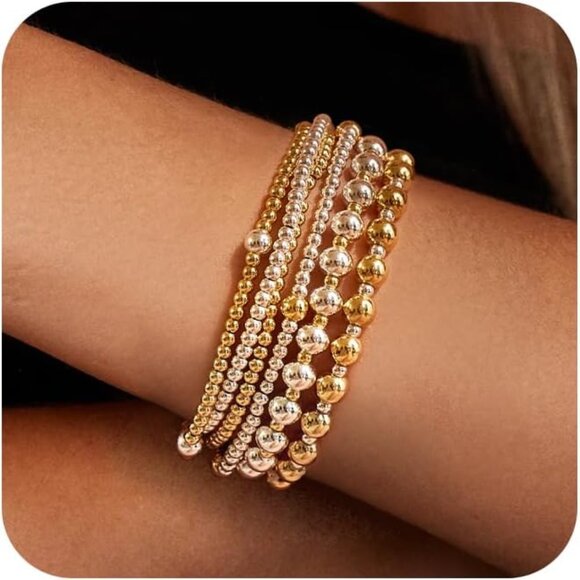 Layered Beaded Bracelets Set Gold Silver Plated Dainty Stretch Jewelry Gift - Picture 1 of 8